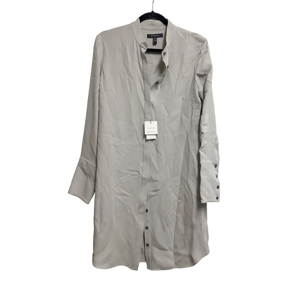 Xander Designer Gray Silk Tunic Shirt Dress Long Sleeve 4